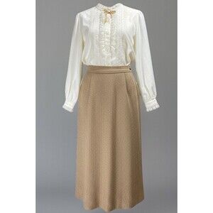 Vintage 60s Lady Holiday Wool Blend Skirt & Ruffled Lace Blouse Outfit Size M